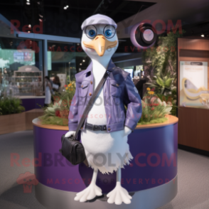 Lavender Gull mascot costume character dressed with a Leather Jacket and Clutch bags