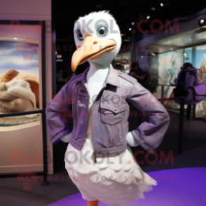 Lavender Gull mascot costume character dressed with a Leather Jacket and Clutch bags