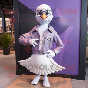 Lavender Gull mascot costume character dressed with a Leather Jacket and Clutch bags