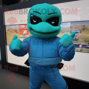 Cyan Para Commando mascot costume character dressed with a Turtleneck and Mittens