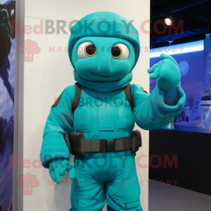 Cyan Para Commando mascot costume character dressed with a Turtleneck and Mittens