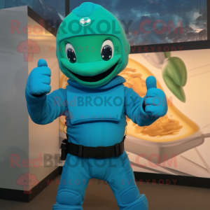 Cyan Para Commando mascot costume character dressed with a Turtleneck and Mittens