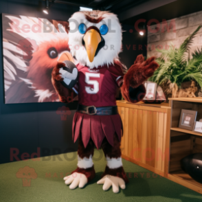 Maroon Vulture mascot costume character dressed with a Rugby Shirt and Cummerbunds