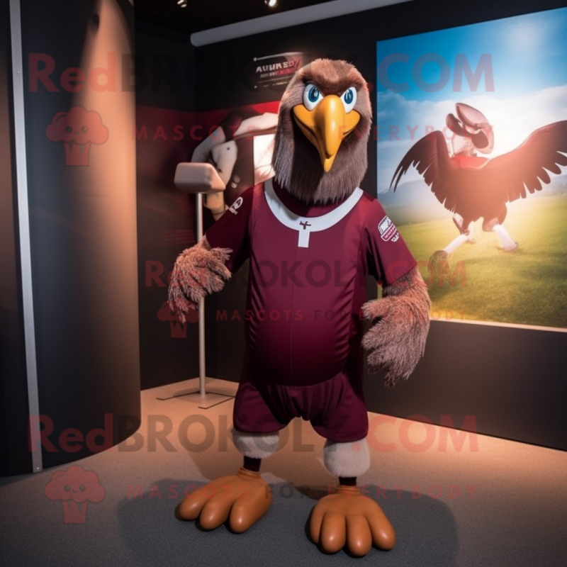 Maroon Vulture mascot costume character dressed with a Rugby Shirt and Cummerbunds