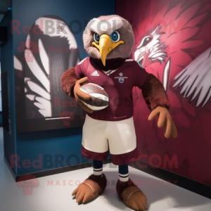 Maroon Vulture mascot costume character dressed with a Rugby Shirt and Cummerbunds