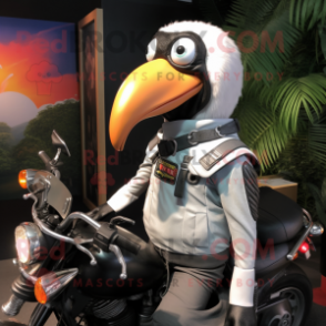 Silver Toucan mascot costume character dressed with a Biker Jacket and Messenger bags