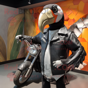 Silver Toucan mascot costume character dressed with a Biker Jacket and Messenger bags