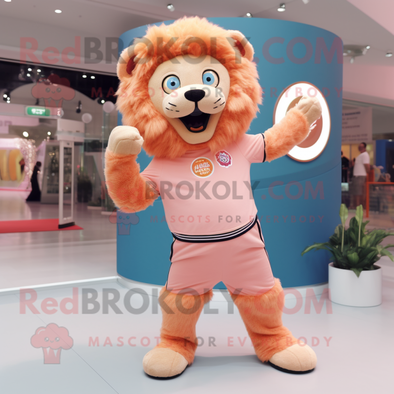 Peach Lion mascot costume character dressed with a Skinny Jeans and Rings Peach Lion mascot costume character dressed with a Skinny Jeans and Rings