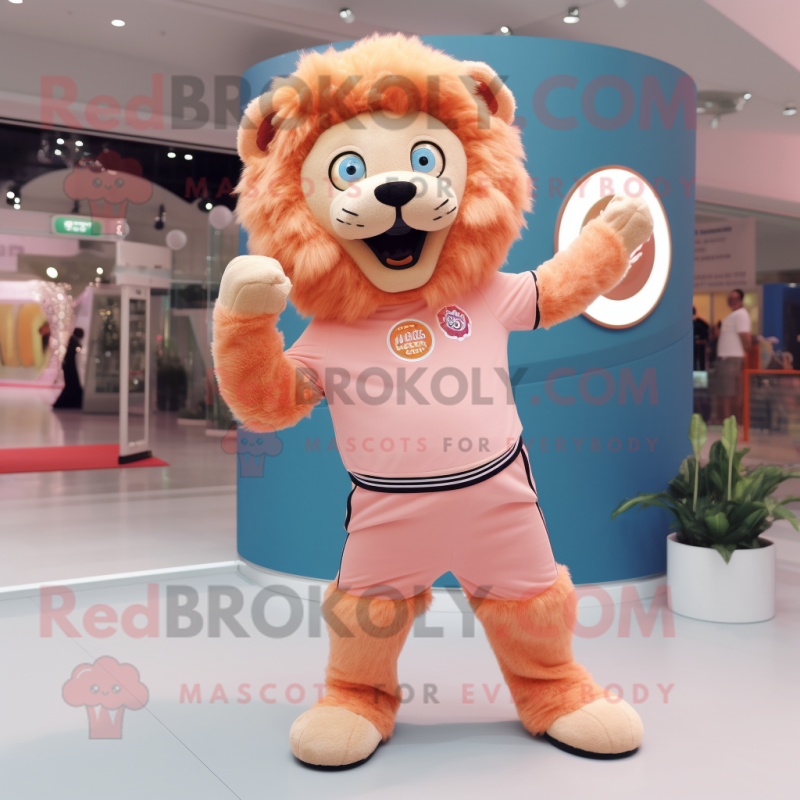 Peach Lion mascot costume character dressed with a Skinny Jeans and Rings