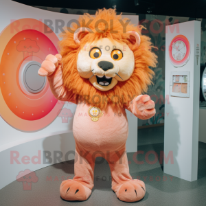 Peach Lion mascot costume character dressed with a Skinny Jeans and Rings