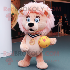Peach Lion mascot costume character dressed with a Skinny Jeans and Rings