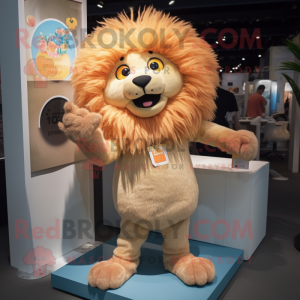 Peach Lion mascot costume character dressed with a Skinny Jeans and Rings