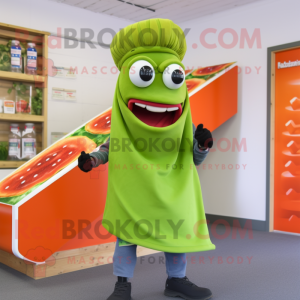 Lime Green Currywurst mascot costume character dressed with a Jeggings and Scarves