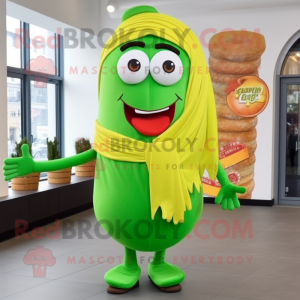 Lime Green Currywurst mascot costume character dressed with a Jeggings and Scarves