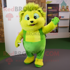 Lime Green Hedgehog mascot costume character dressed with a Flare Jeans and Mittens