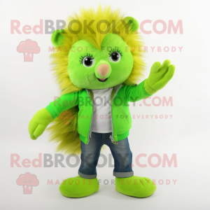 Lime Green Hedgehog mascot costume character dressed with a Flare Jeans and Mittens