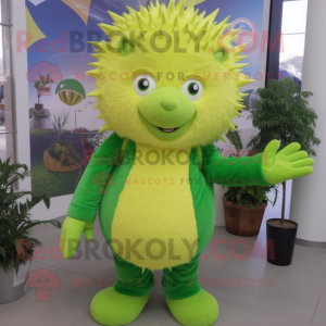 Lime Green Hedgehog mascot costume character dressed with a Flare Jeans and Mittens