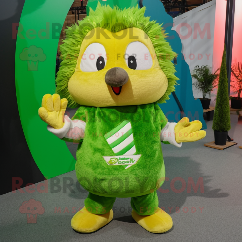 Lime Green Hedgehog mascot costume character dressed with a Flare Jeans and Mittens