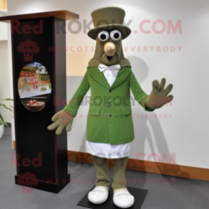 Olive Stilt Walker mascot costume character dressed with a Coat and Hat pins