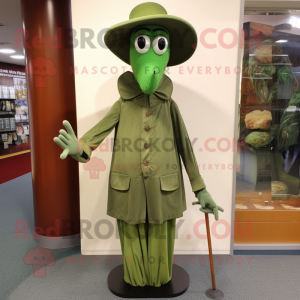 Olive Stilt Walker mascot costume character dressed with a Coat and Hat pins