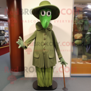 Olive Stilt Walker mascot costume character dressed with a Coat and Hat pins