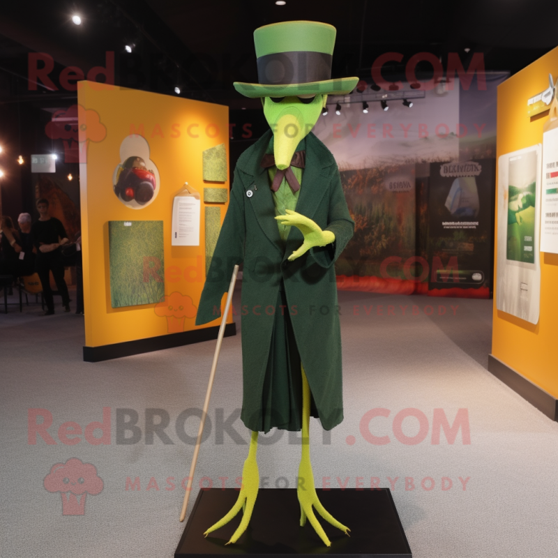 Olive Stilt Walker mascot costume character dressed with a Coat and Hat pins