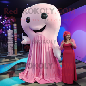 Pink Beluga Whale mascot costume character dressed with a Evening Gown and Headbands