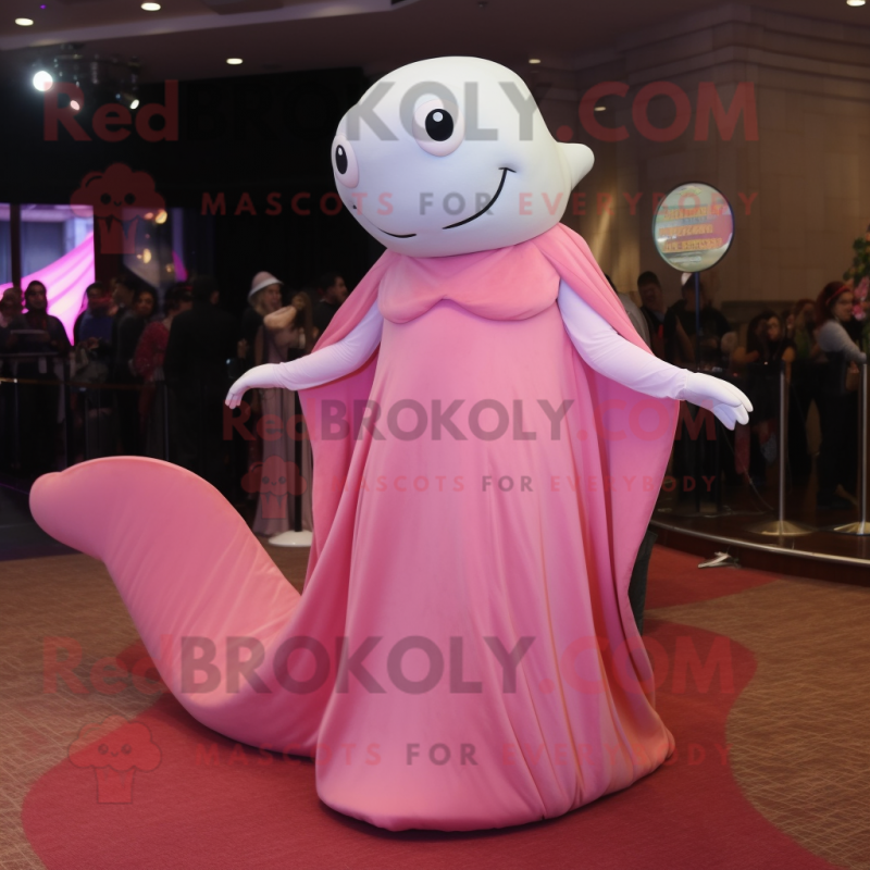 Pink Beluga Whale mascot costume character dressed with a Evening Gown and Headbands