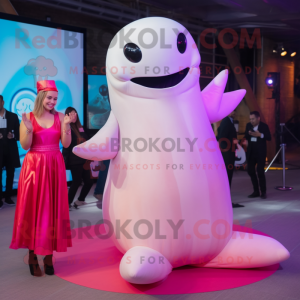 Pink Beluga Whale mascot costume character dressed with a Evening Gown and Headbands