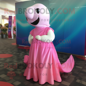 Pink Beluga Whale mascot costume character dressed with a Evening Gown and Headbands