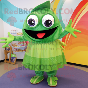 Green Fish Tacos mascot costume character dressed with a Circle Skirt and Mittens
