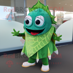 Green Fish Tacos mascot costume character dressed with a Circle Skirt and Mittens