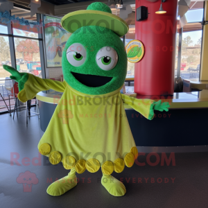 Green Fish Tacos mascot costume character dressed with a Circle Skirt and Mittens