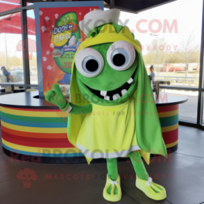 Green Fish Tacos mascot costume character dressed with a Circle Skirt and Mittens