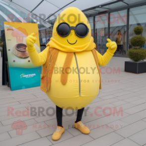 Lemon Yellow Shakshuka mascot costume character dressed with a Leather Jacket and Scarves