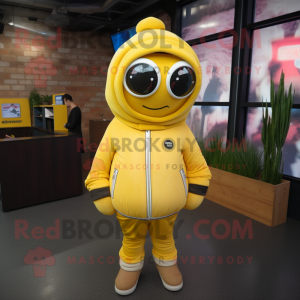 Lemon Yellow Shakshuka mascot costume character dressed with a Leather Jacket and Scarves