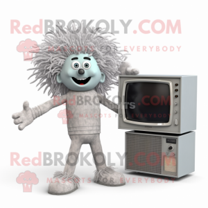 Silver Television mascot costume character dressed with a Jumpsuit and Hair clips