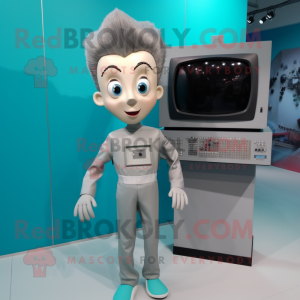 Silver Television mascot costume character dressed with a Jumpsuit and Hair clips