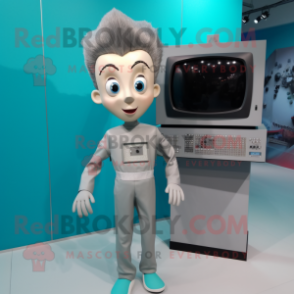 Silver Television mascot costume character dressed with a Jumpsuit and Hair clips