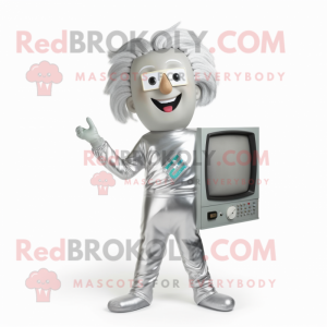 Silver Television mascot costume character dressed with a Jumpsuit and Hair clips