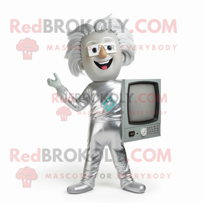 Silver Television mascot costume character dressed with a Jumpsuit and Hair clips Silver Television mascot costume character dressed with a Jumpsuit and Hair clips