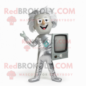 Silver Television mascot costume character dressed with a Jumpsuit and Hair clips