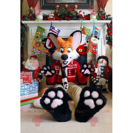Orange and white fox mascot in Christmas outfit - Redbrokoly.com