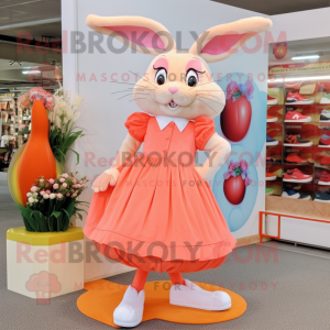 Peach Rabbit mascot costume character dressed with a Dress and Shoe clips