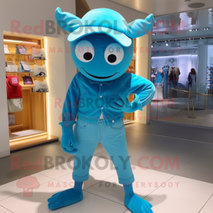 Cyan Crab mascot costume character dressed with a Boyfriend Jeans and Berets