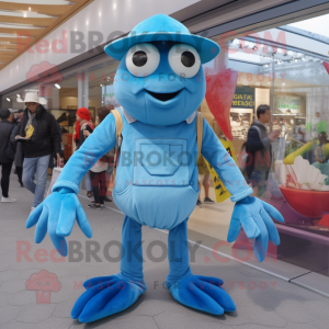 Cyan Crab mascot costume character dressed with a Boyfriend Jeans and Berets