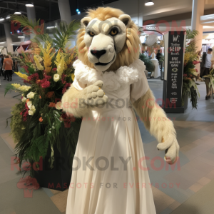 Tan Smilodon mascot costume character dressed with a Wedding Dress and Backpacks