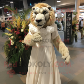 Tan Smilodon mascot costume character dressed with a Wedding Dress and Backpacks
