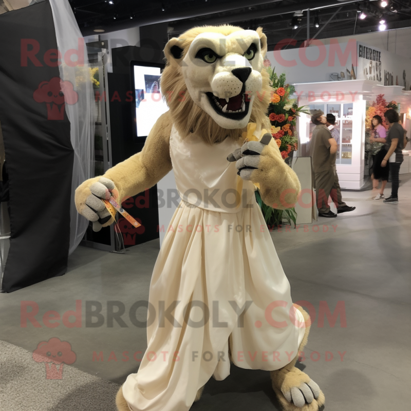 Tan Smilodon mascot costume character dressed with a Wedding Dress and Backpacks Tan Smilodon mascot costume character dressed with a Wedding Dress and Backpacks