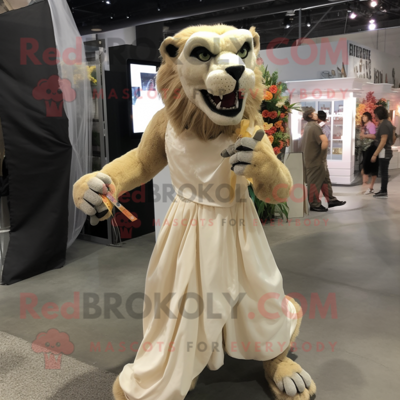 Tan Smilodon mascot costume character dressed with a Wedding Dress and Backpacks